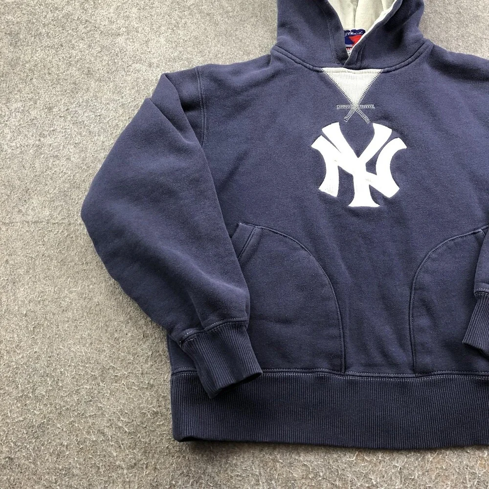 Vintage New York Yankees Hoodie Boys Large Blue MLB Baseball Majestic Pullover